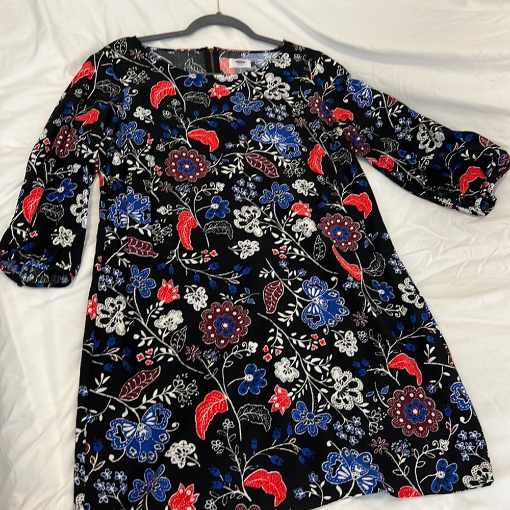Old Navy black with red, blue, and burgundy colored floral pattern. Size L